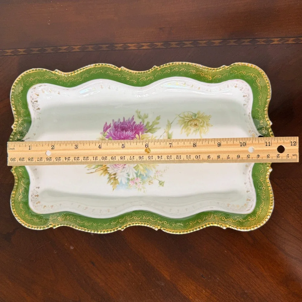 Antique c1900 Porcelain Dresser Tray Green Gold Floral Vanity Serving Tray 12
